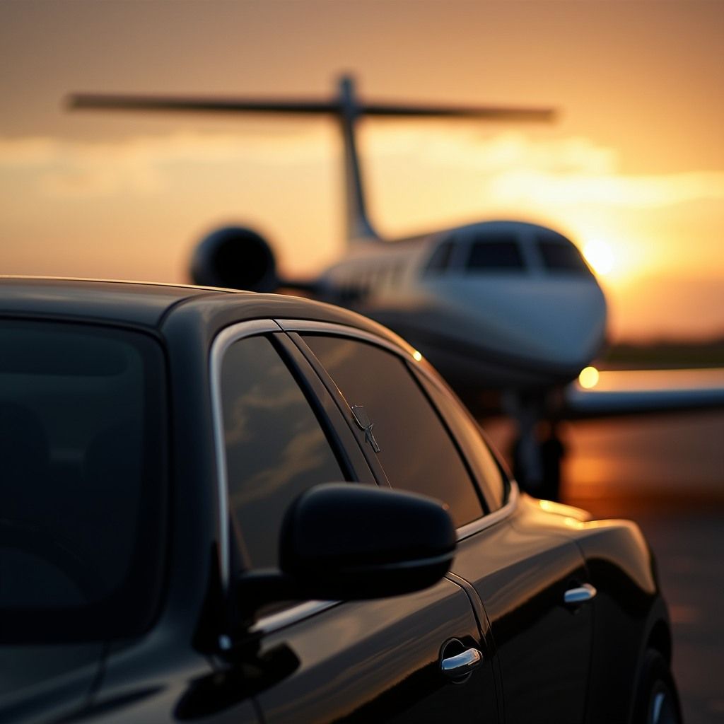 Luxury chauffeur car beside a private jet at sunset